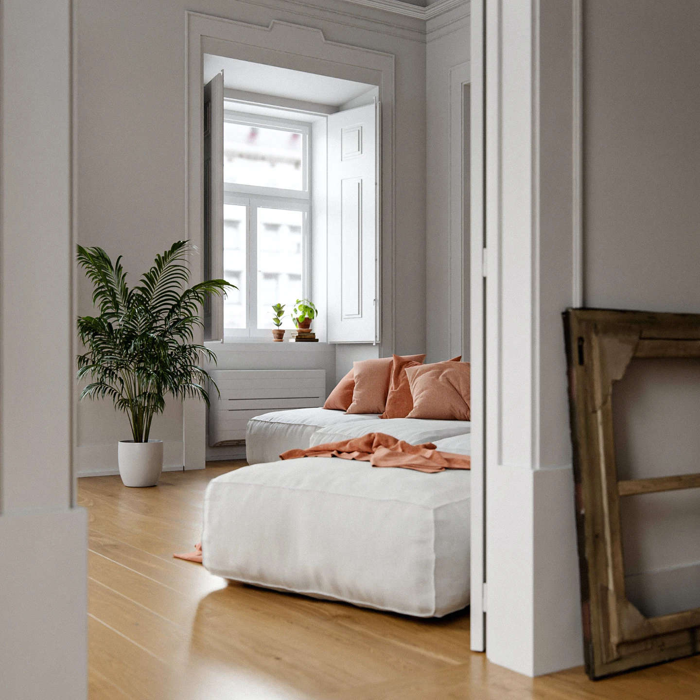 3D render. Varias plantas de interior en un salón.